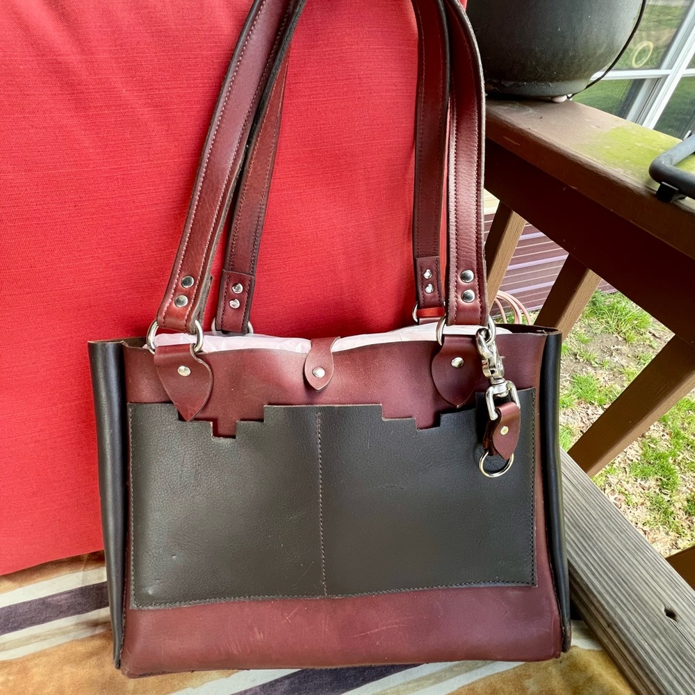 Two-Tone Tan and Black Structured Genuine leather Shoulder Tote briefcase